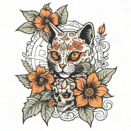 Cat And Great Date Skull With Red Orange Sunflowers And Hibiscus Flowers