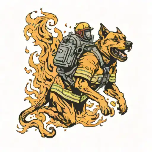 A Neotraditional Design Of A Firefighting Dog Heroically Rescuing A Person From A Burning Building