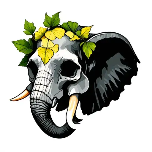 Elephant Skull With Gingko Biloba Leaves Falling