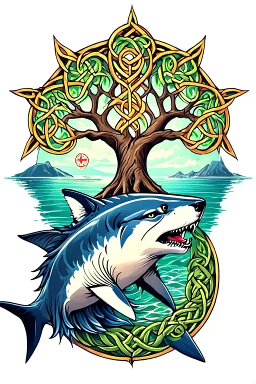 Celtic Tree Of Life And Wolf And White Shark