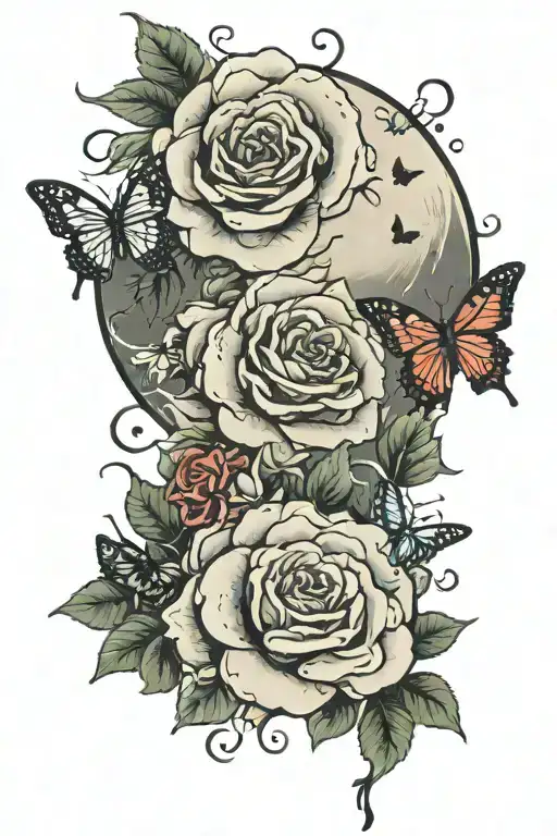 Roses And Butterflies And Moon And Japanese Letters