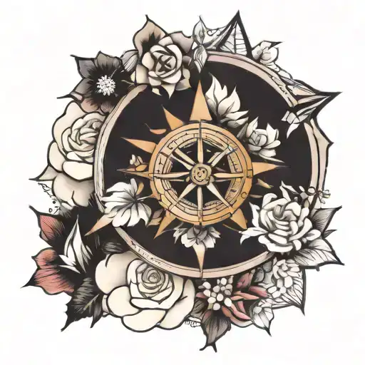 A Detailed Compass Rose Surrounded By Various Types Of Flowers