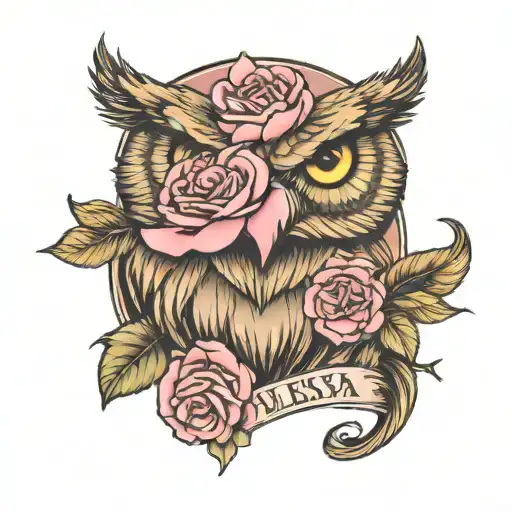 Owl With Pink Roses And A Lion Showing Strength Symbol With The Name Aleesha
