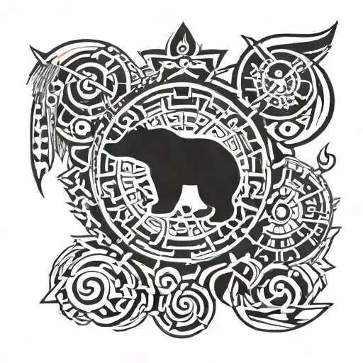 Shoulder Tribal Tattoo With Bear And Symbols Of B R And L