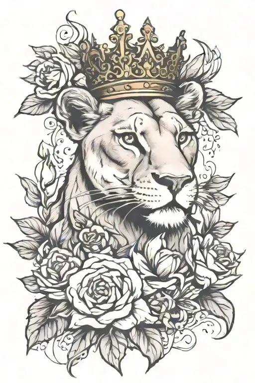 Lioness Wearing A Crown Roses Lilies Vines And Leaves