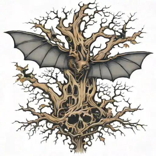 Bats Flying Across Lifeless Leafless Tree