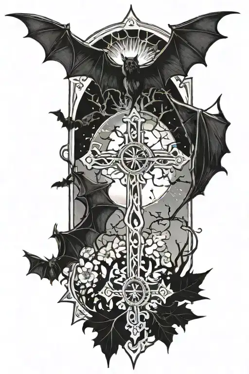 Bats With A Cross And Trees With The Sun At The Top