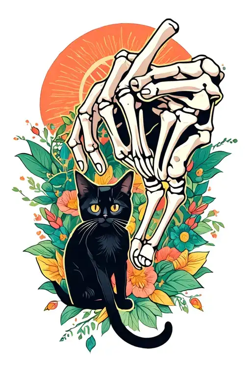 Cute Black Cat Being Pet By Skeleton Hand Reaching
