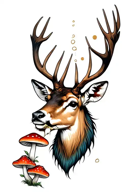 Mystical Deer Head Eating Mushrooms