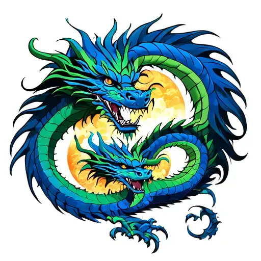Twin Dragons One Blue One Green