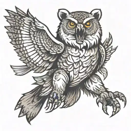 Growling Bear Furious In The Forest And A Flying Owl