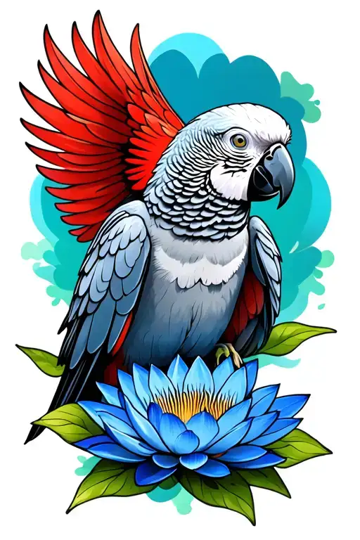 African Grey Parrot With Red Tail On Blue Lotus Flower