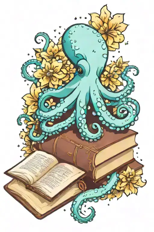 Pretty Octopus With Stars And Chrysanthemums And Books