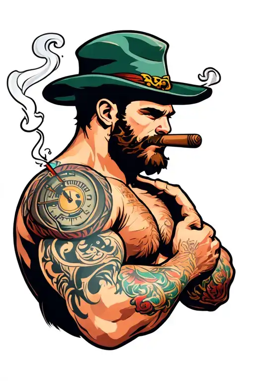 Burly Muscled Guy Smoking A Large Guage Cigar