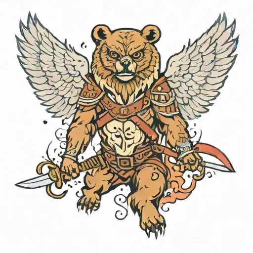 A Growling Bear In Rage In The Forest And A Flying Owl And A Sword