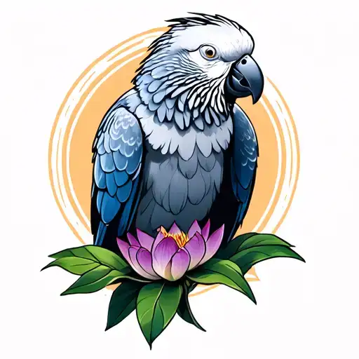 African Grey Bird With Blue Lotus