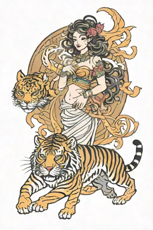 Goddess Surrounded By Dragons Walking A Tiger
