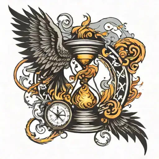 Phoenix Rising From A Broken Hourglass Filled With Swirling