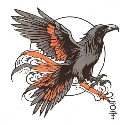 Raven Flying Away And Losing 5 Feathers With Name Inside