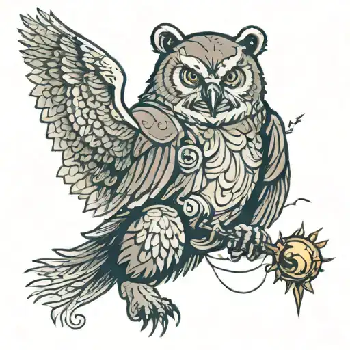A Growling Bear In A Rage In The Forest And A Flying Owl With A Grenade