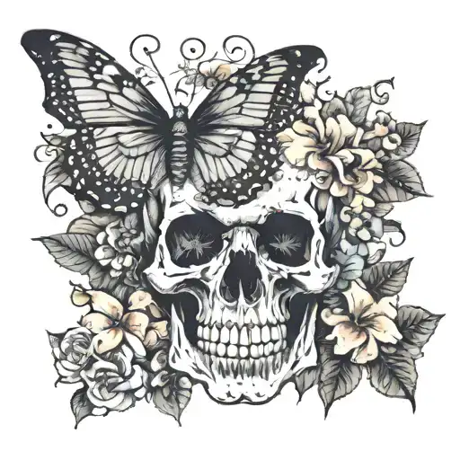 Skull And Butterfly And Some Flowers Growing