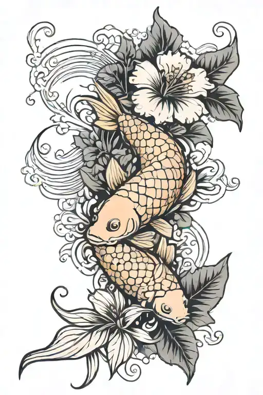 Koi Fish And Hibiscus Flower