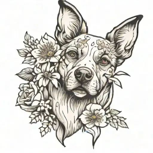 Dog Portrait And Flowers Blooming