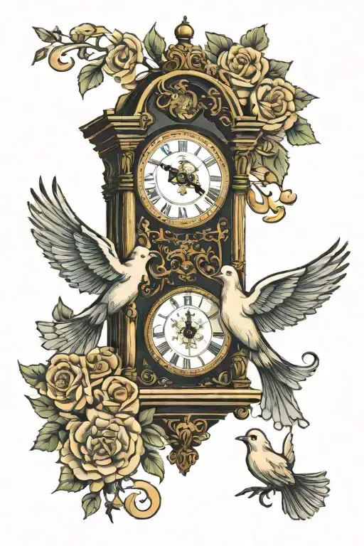 Grandfather Clock And Dove On Top With A Halo And Scroll In The Middle
