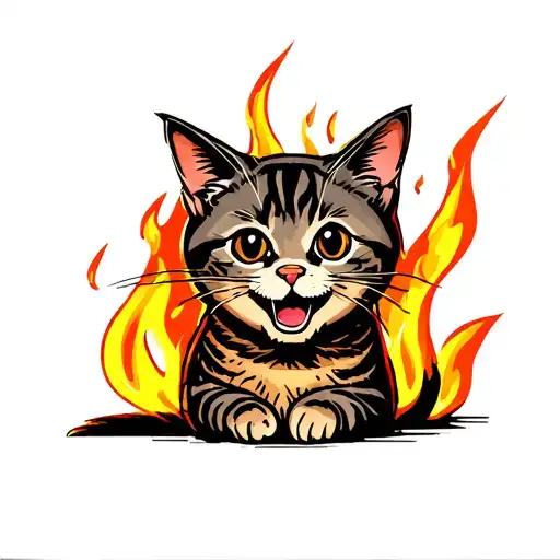 Smiling Cartoon Cat Over Burning Prison