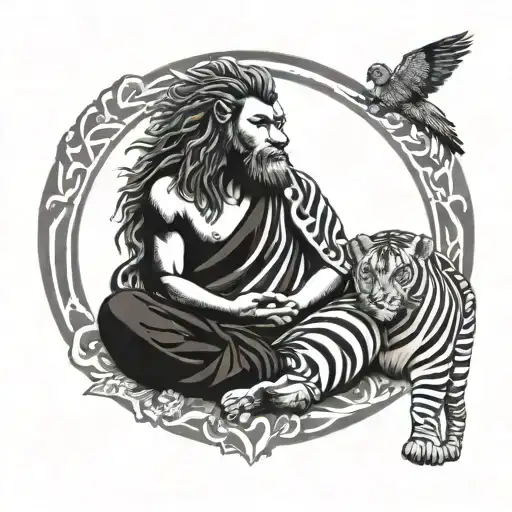 Lion In Zebra Print Surrounded By Buddhist Monk Meditating
