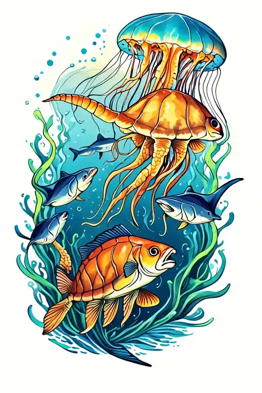 Ocean With Jellyfish Manta Rays Turtles And Fish Swimming