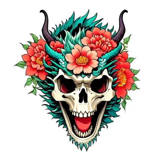 Japanese Dragon Skull Flowers Intertwined
