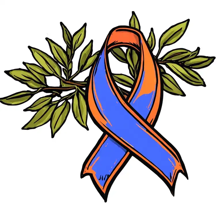 Orange Cancer Ribbon Wrapped Around Olive Branch Intertwined