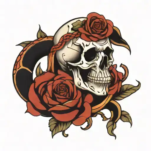 Skull And Snake With Roses Growing