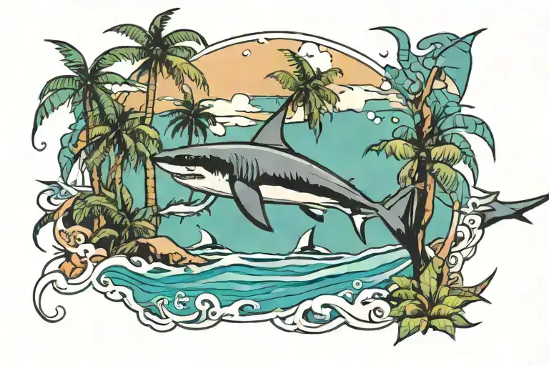 Beach With Palm Trees And Shark Swimming