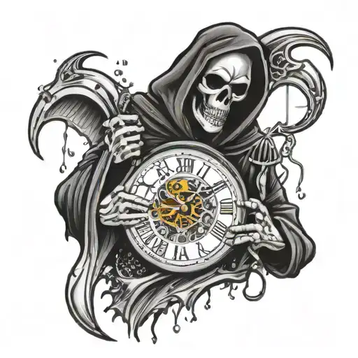 Grim Reaper Holding Clock Surrounded By Rain