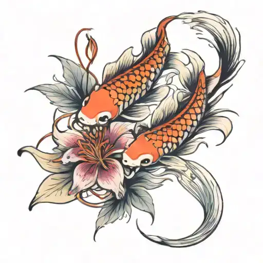 2 Koi Fish Swimming Aournd A Spider Lily Flower