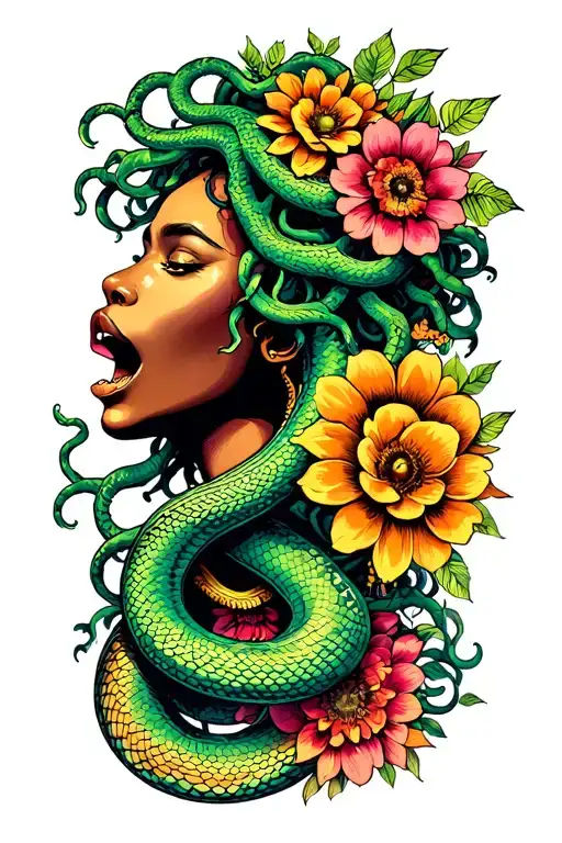 African American Medusa With Flowers And Snake Coming Out Of Mouth