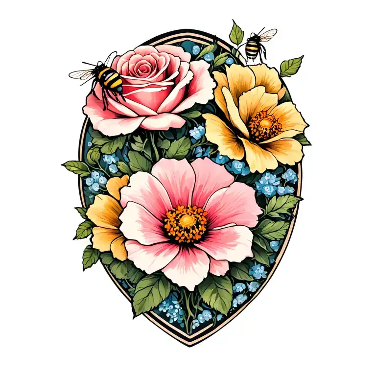 Rose Et Cosmos Flowers With Bees