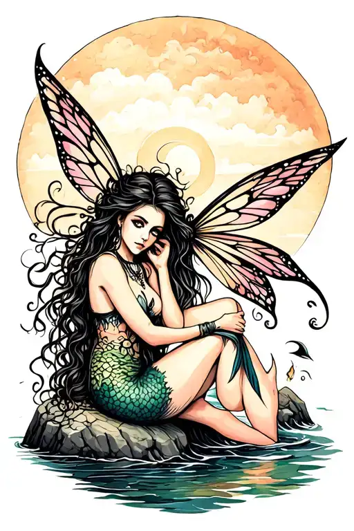 Goth Fairy Mermaid Sitting On Rock Combing Hair