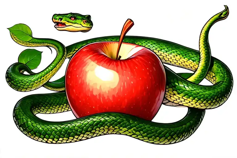 Green Snake Coiled Around Red Apple