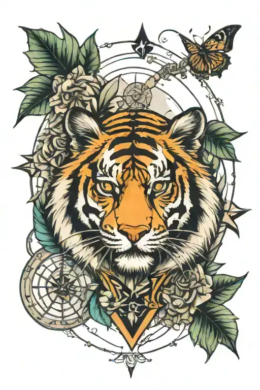 Neo Traditional Tiger With Compass Surrounded