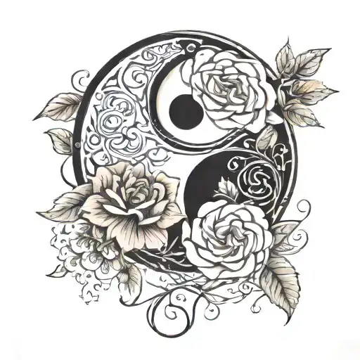 Intricate Yin Yang Symbol With Black And White Roses With Thorns Growing Inside The Yin Yang