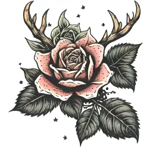 Black Rose Succulent Intertwined With Antlers With Stars And The Orion Constellation