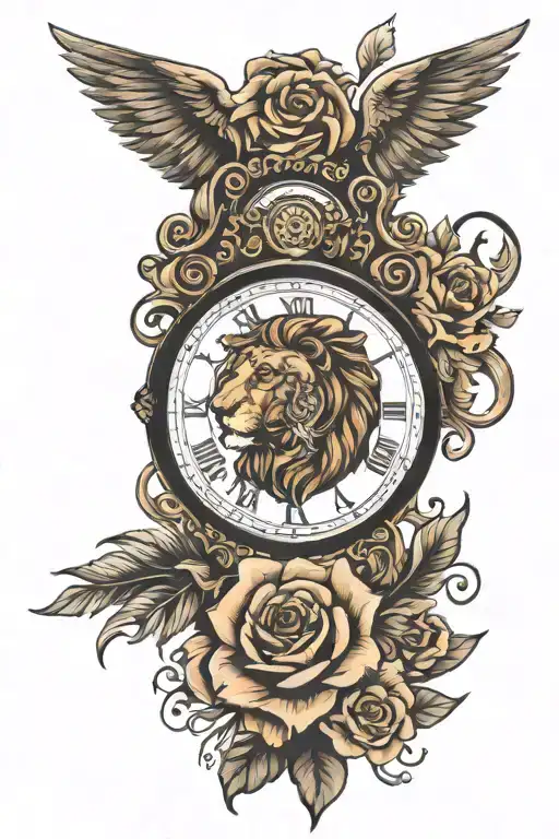 Lion Clock Feathers Flower Rose