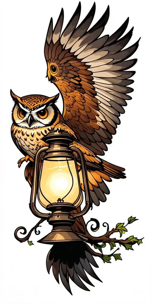 Lantern And Owl Flying