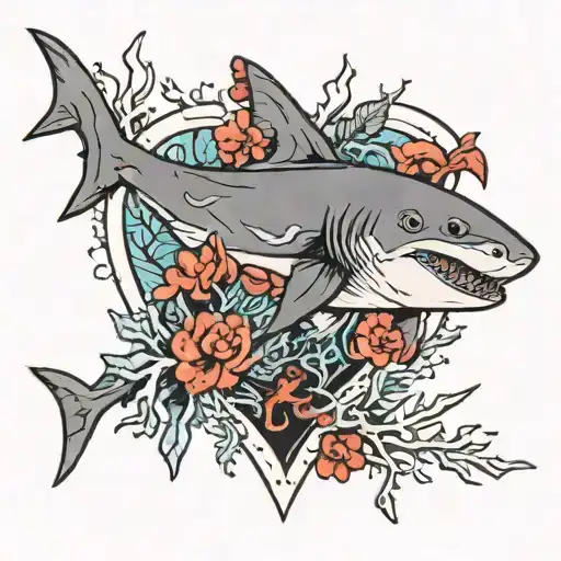 Human Heart With Corals And A Shark Drawn From Other Sharks Surrounding The Heart