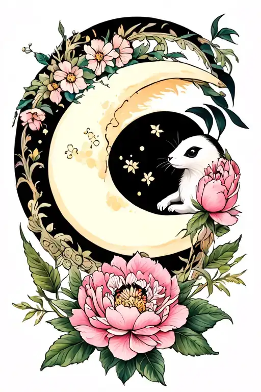 Ermine And Peony Around A Crescent Moon