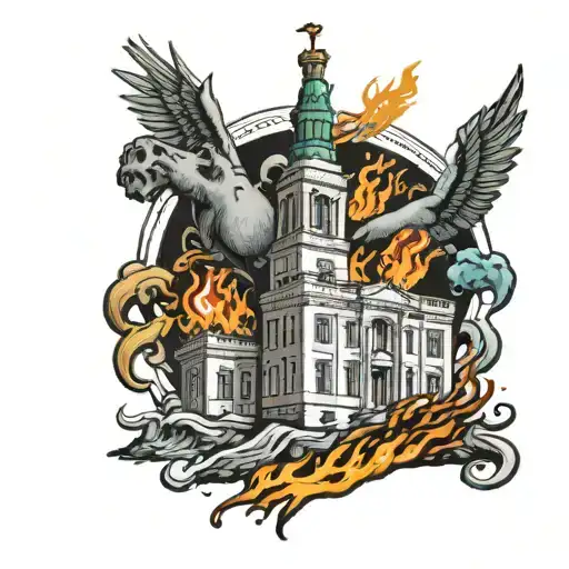 White House On Fire With The Statue Of Liberty Walking Towards It Dragging A Donkey And An Elephant