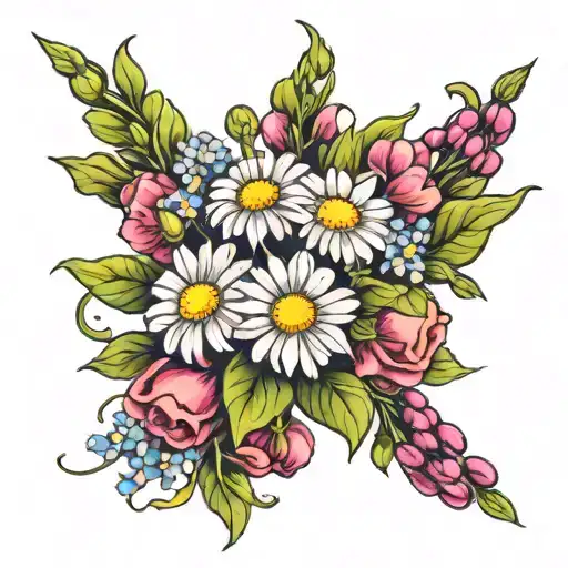 Beautiful Tattoo With Bouquet Of Daisies And Sweet Peas